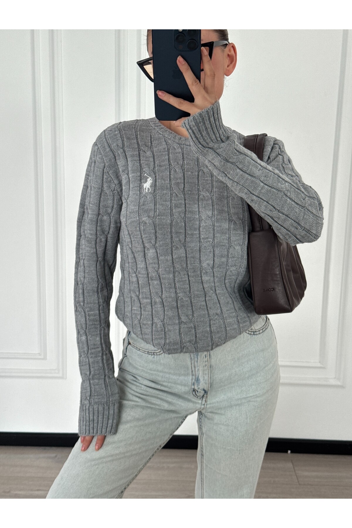 Kadın Gri Marka Model Saç Örgülü Triko Kazak