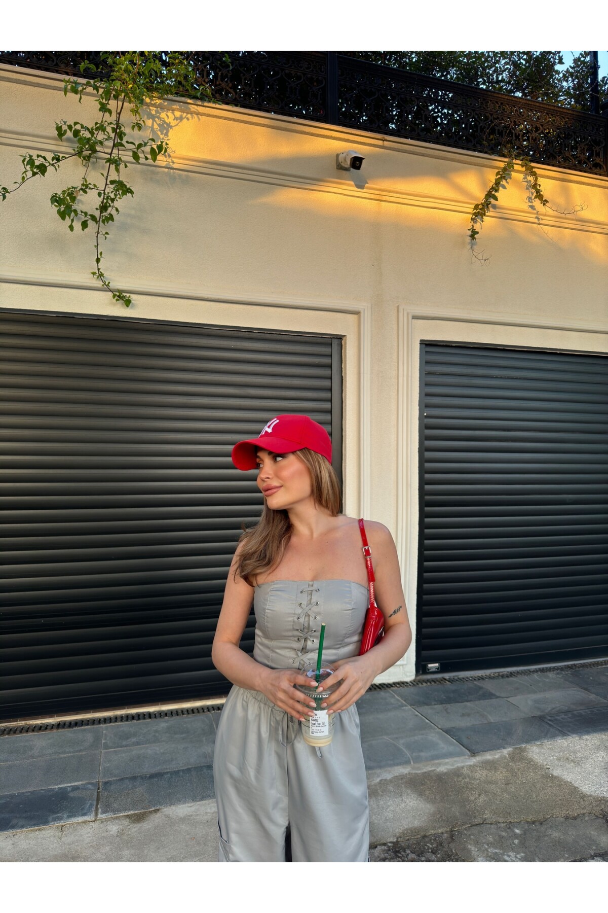 Kadın Gri Paraşüt Büstiyer Kargo Cepli Yüksek Bel Pantolon Takım