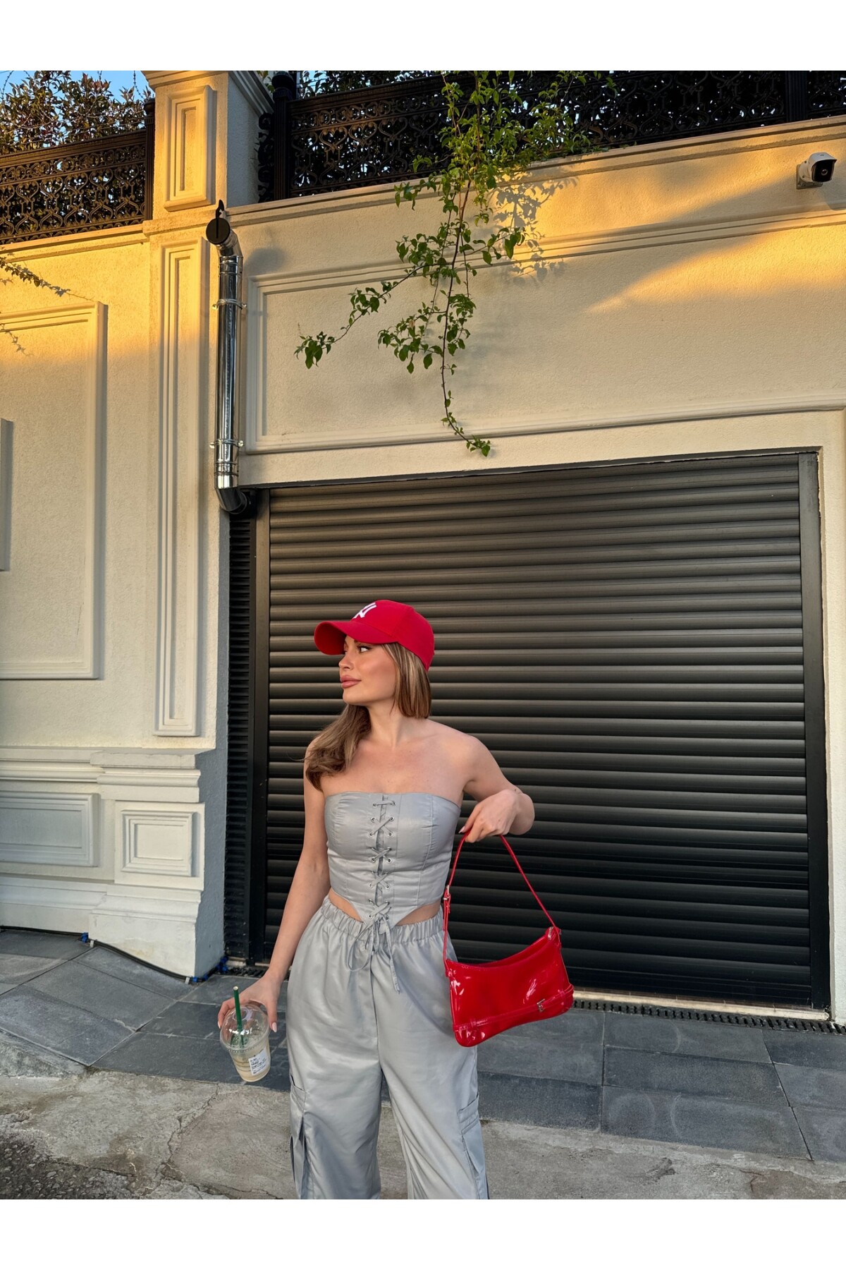 Kadın Gri Paraşüt Büstiyer Kargo Cepli Yüksek Bel Pantolon Takım