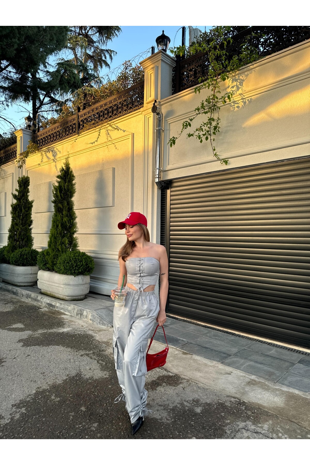 Kadın Gri Paraşüt Büstiyer Kargo Cepli Yüksek Bel Pantolon Takım