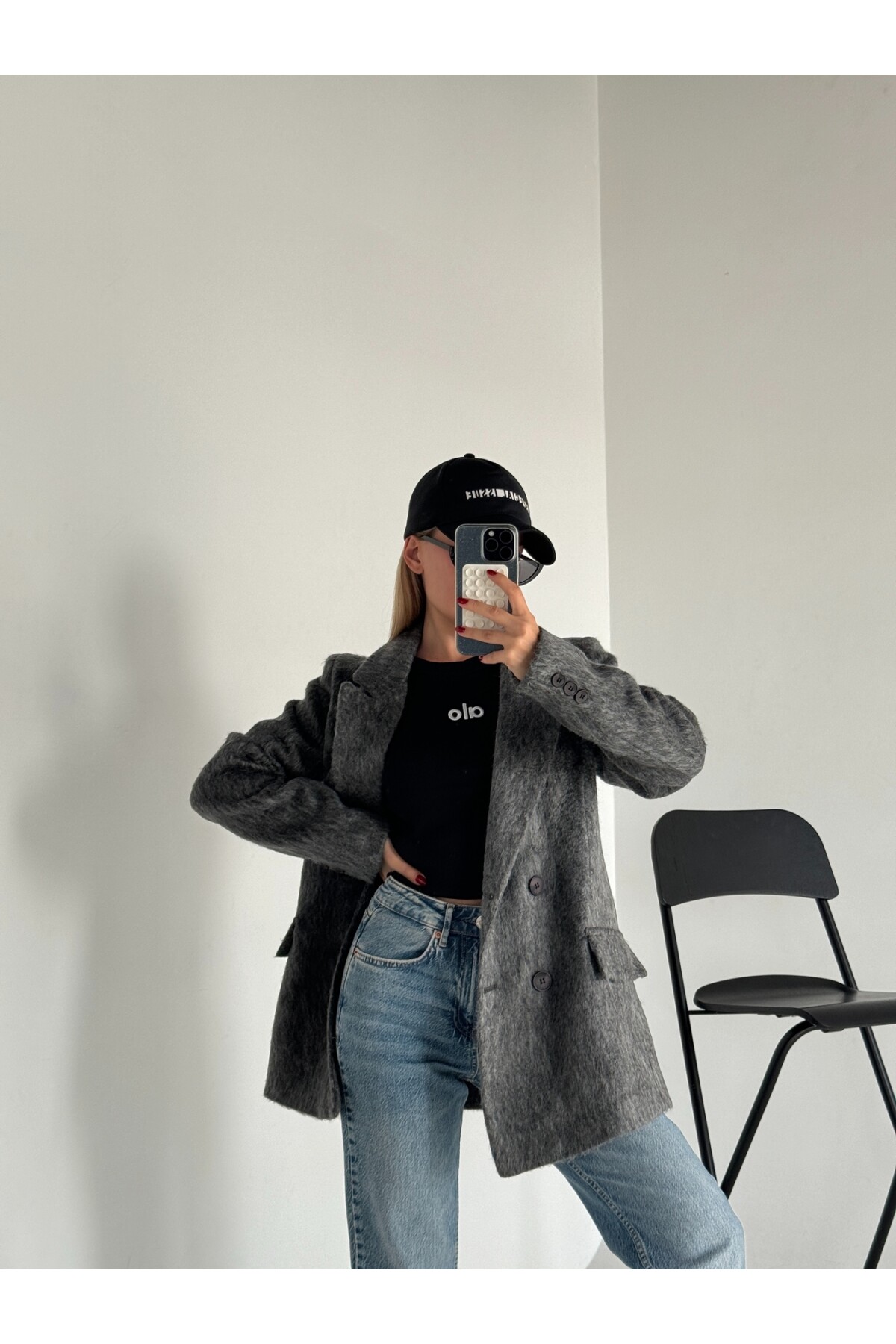 Kadın gri düğmeli sakallı blazer ceket