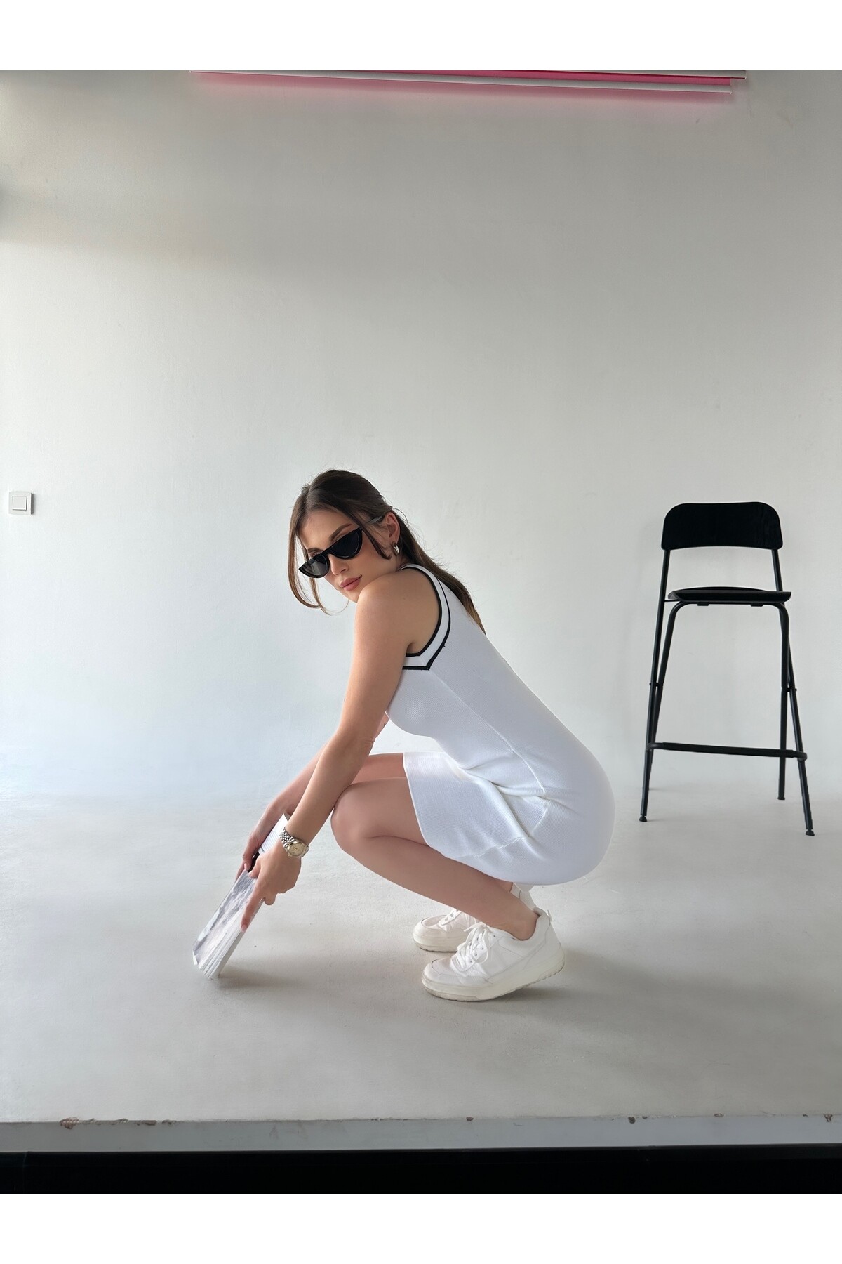 Kadın Halter Yaka Triko Elbise  Beyaz