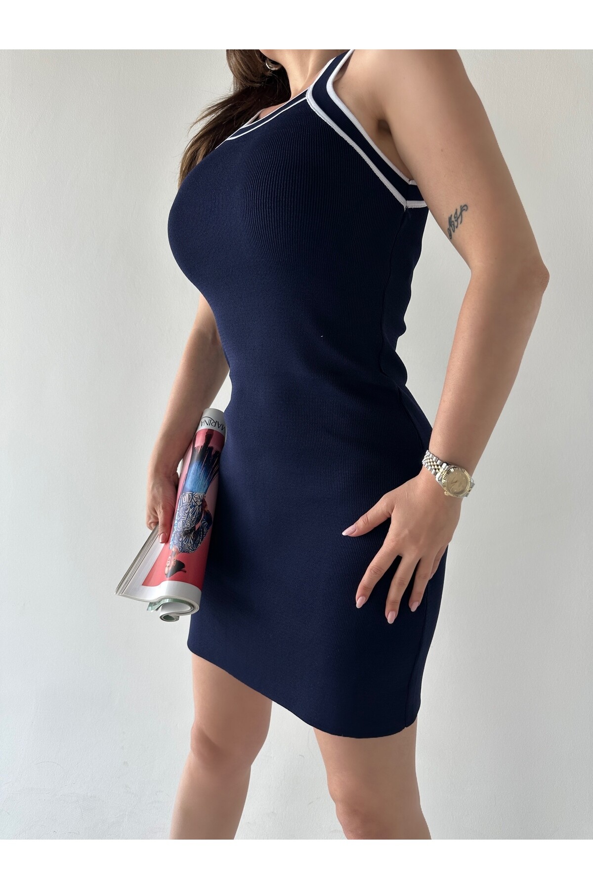 Kadın Halter Yaka Triko Elbise Lacivert