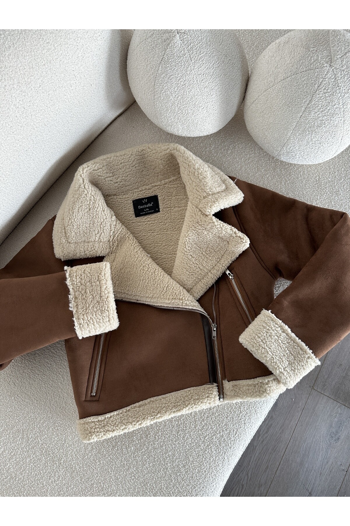 Kadın İçi Ful Kürklü Süet Mont Kahverengi