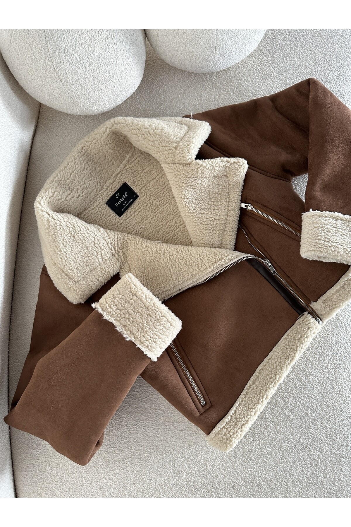 Kadın İçi Ful Kürklü Süet Mont Kahverengi