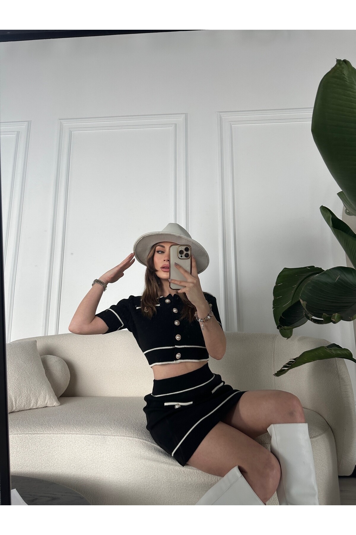 Kadın İnci Düğme Detaylı Triko Alt Üst Takım  Siyah