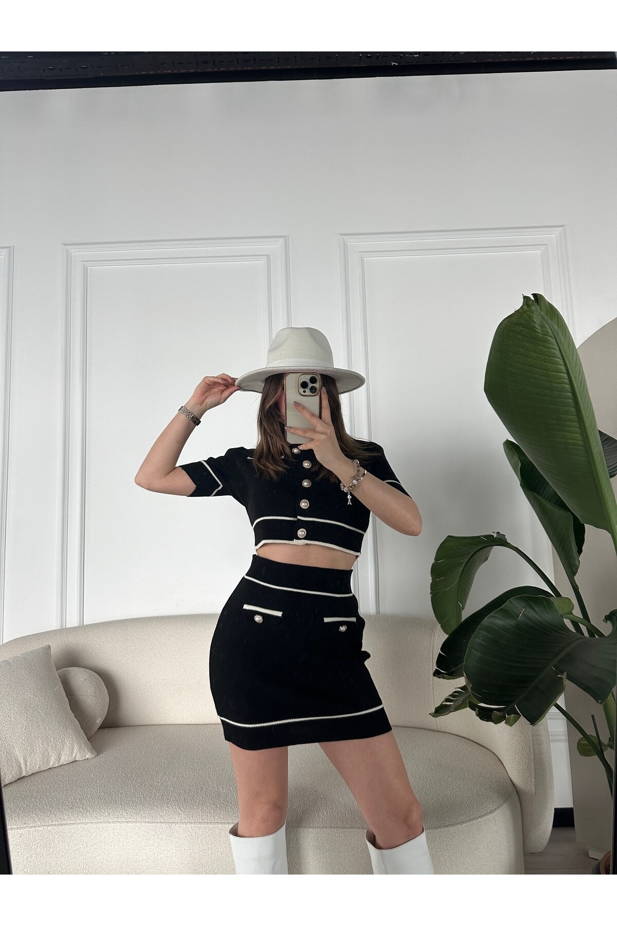 Kadın İnci Düğme Detaylı Triko Alt Üst Takım  Siyah