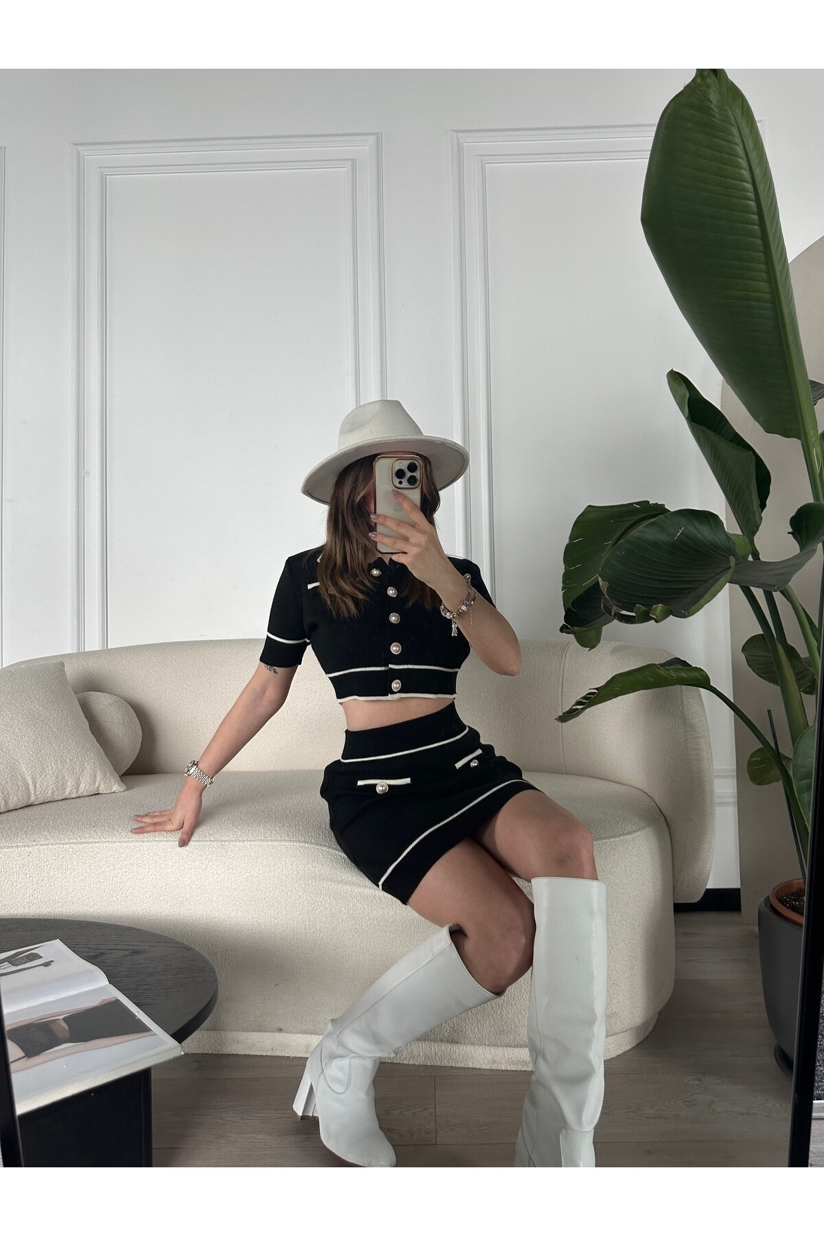 Kadın İnci Düğme Detaylı Triko Alt Üst Takım  Siyah