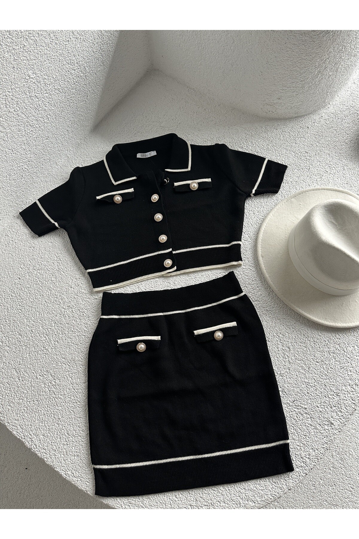 Kadın İnci Düğme Detaylı Triko Alt Üst Takım  Siyah