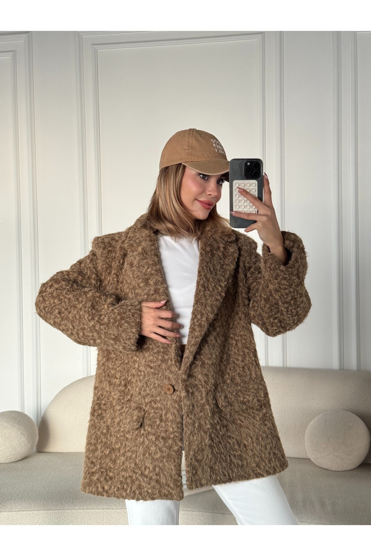 Kadın Kahve Oversize Kesim Düğmeli Blazer Ceket