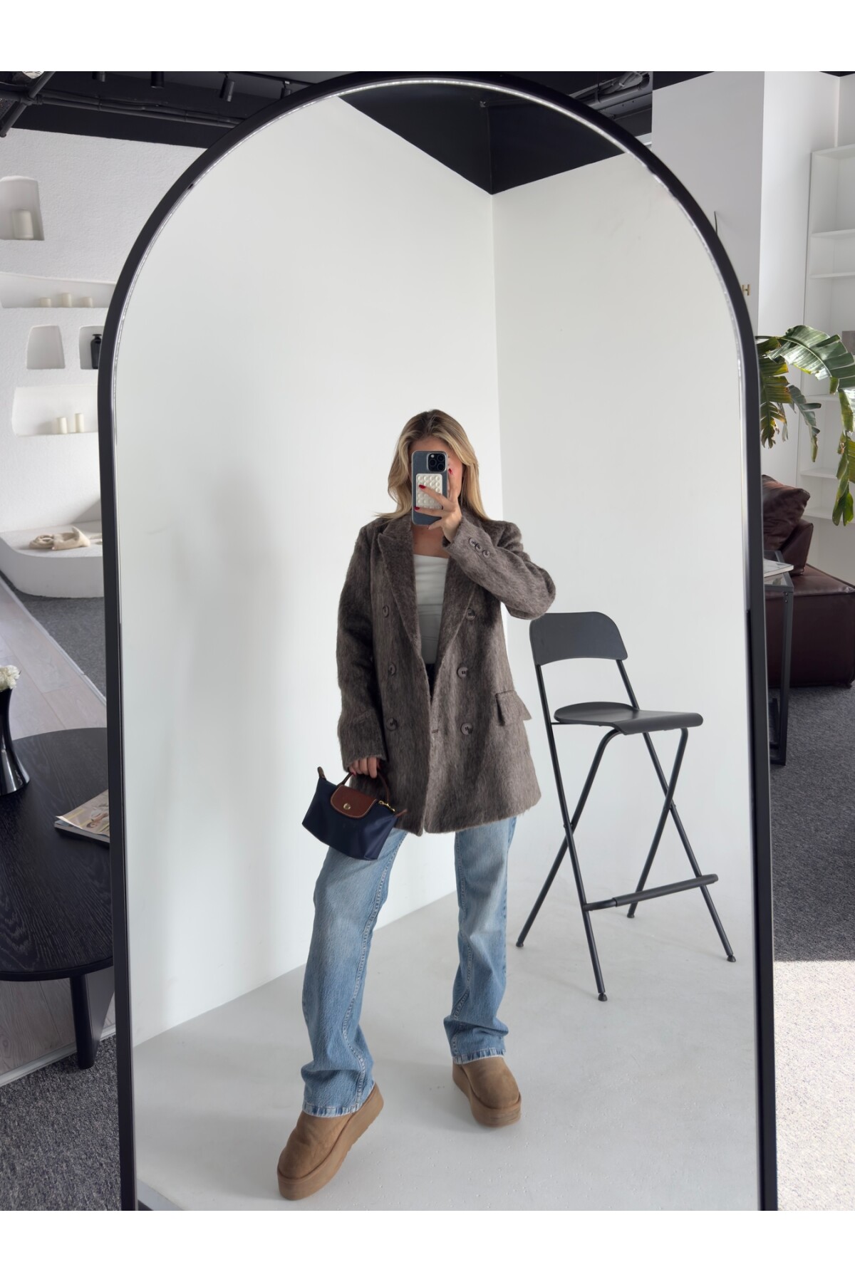 Kadın kahve düğmeli sakallı blazer ceket