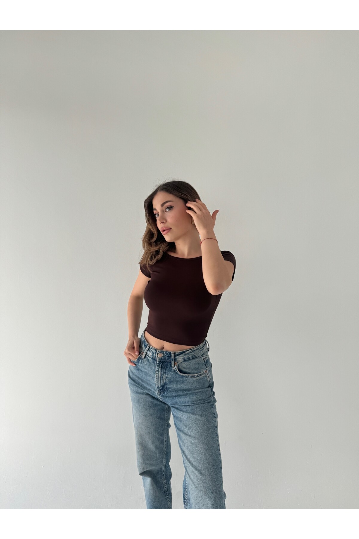 Kadın Kahve sırt dekolteli crop bluz