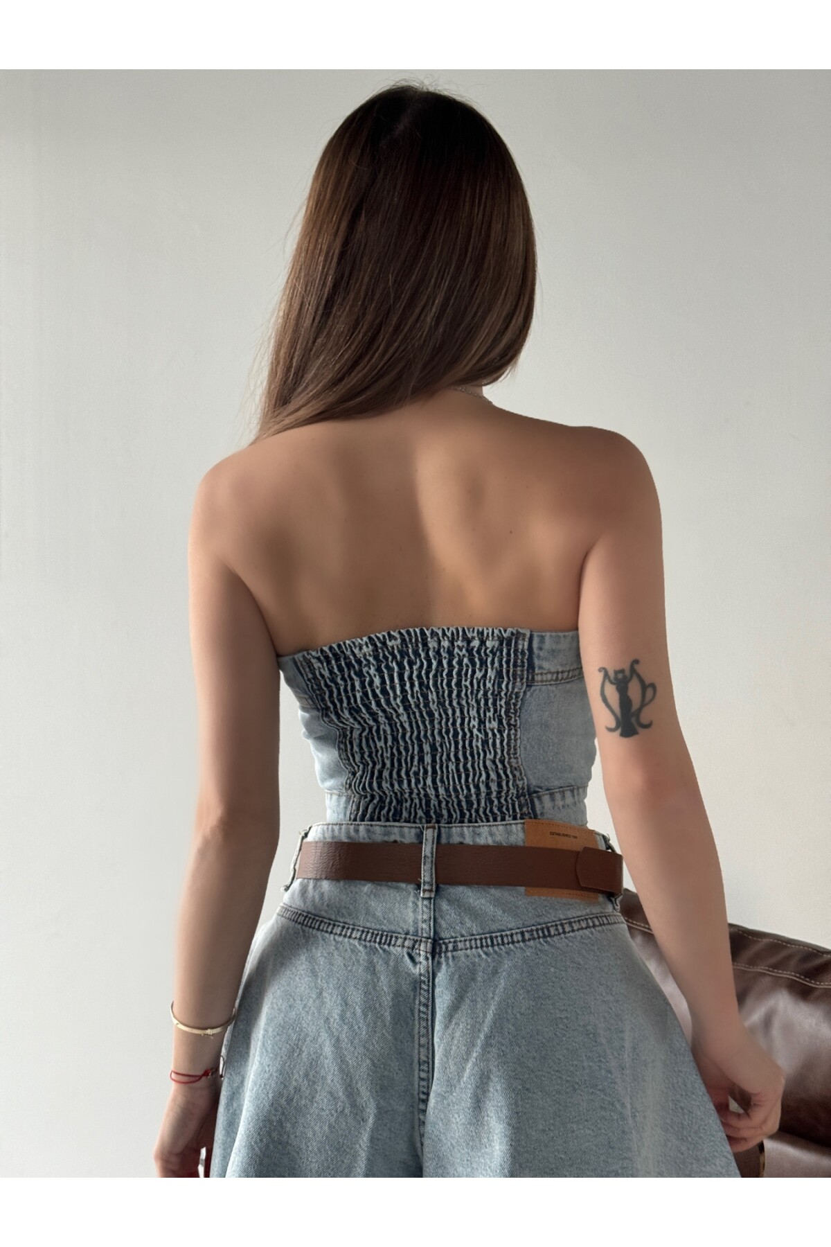 Kadın Kar Yıkamalı Straplez Düğmeli Denim Top-Mavi