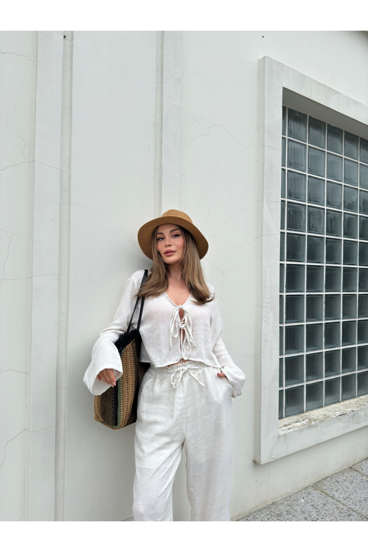 Kadın Keten Bağcıklı Bluz Astarlı Pantolon Takım