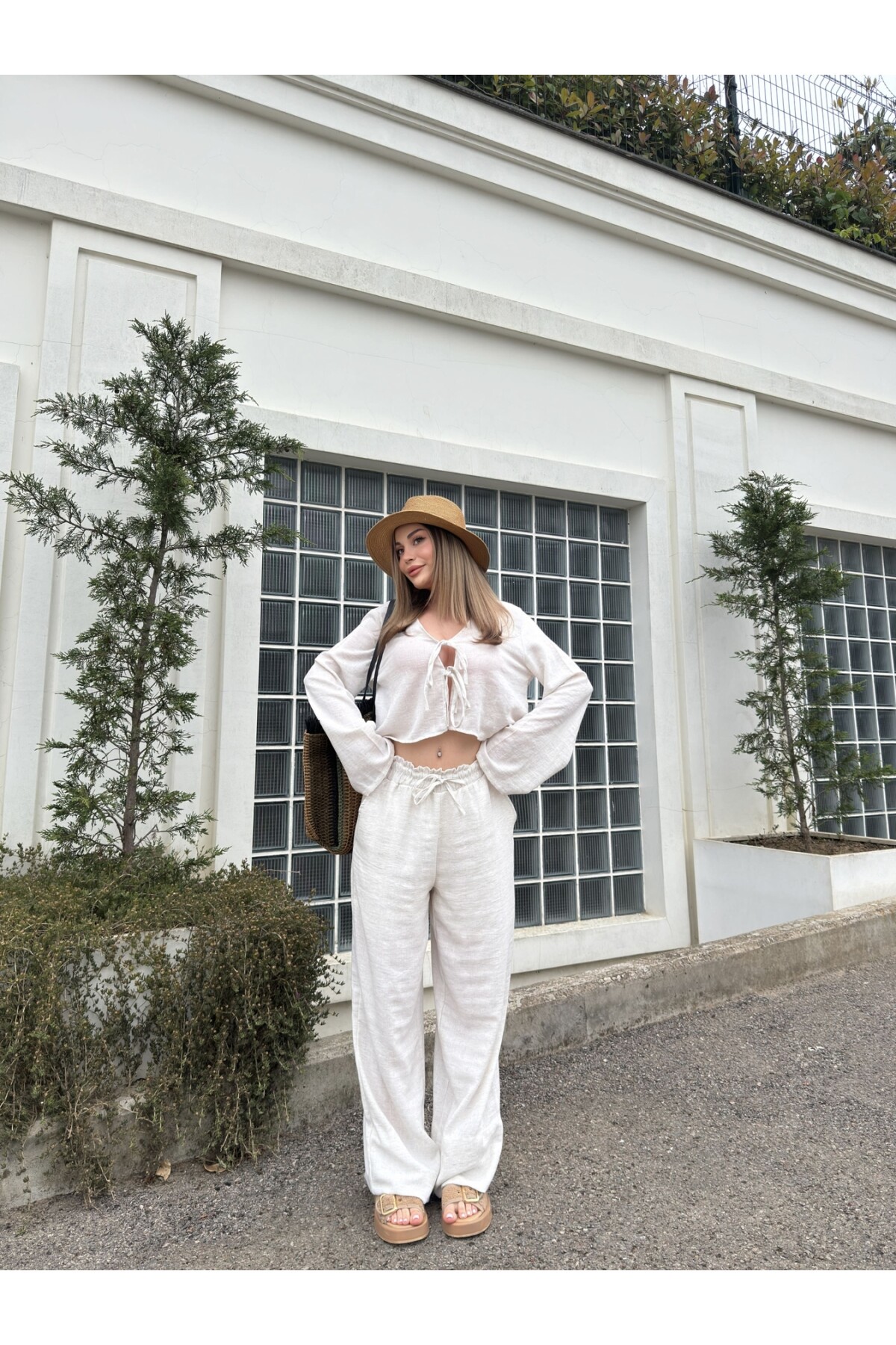 Kadın Keten Bağcıklı Bluz Astarlı Pantolon Takım