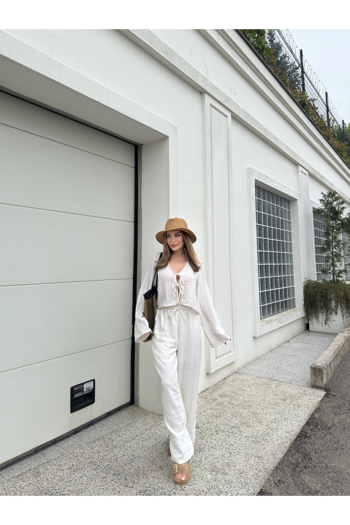 Kadın Keten Bağcıklı Bluz Astarlı Pantolon Takım