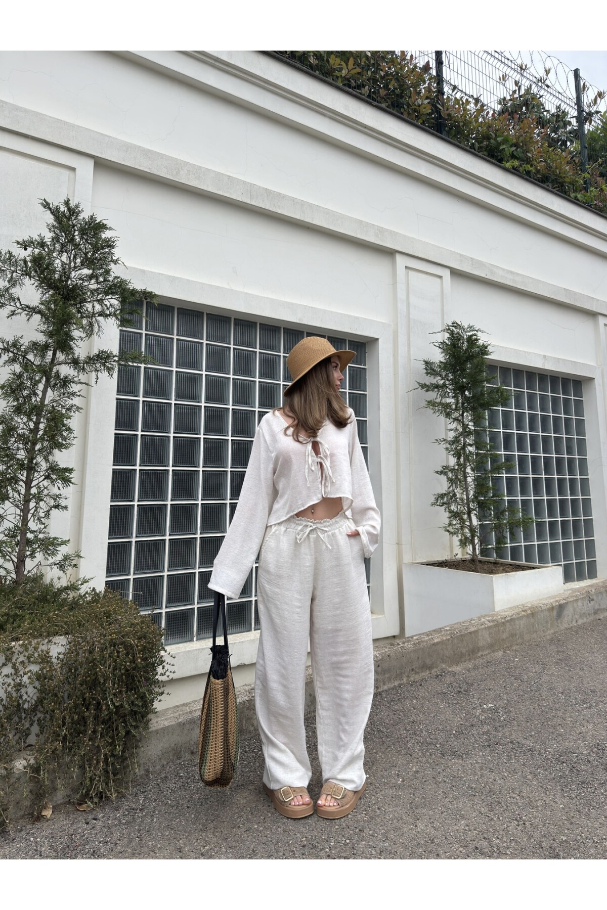 Kadın Keten Bağcıklı Bluz Astarlı Pantolon Takım