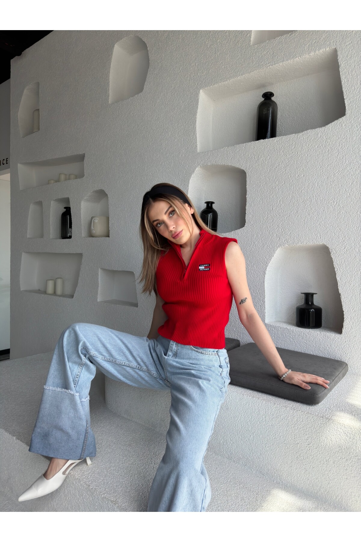 Kadın Kırmızı Marka Model Fermuarlı Triko Bluz