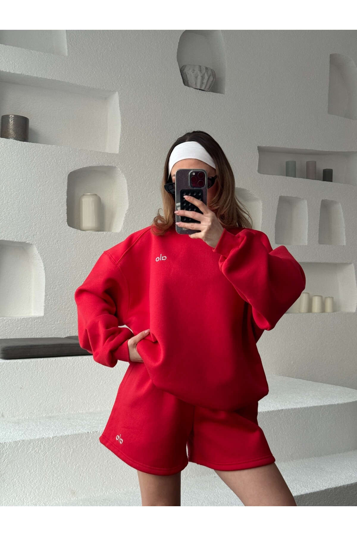 Kadın Kırmızı Marka Model Şortlu Sweat ikili takım