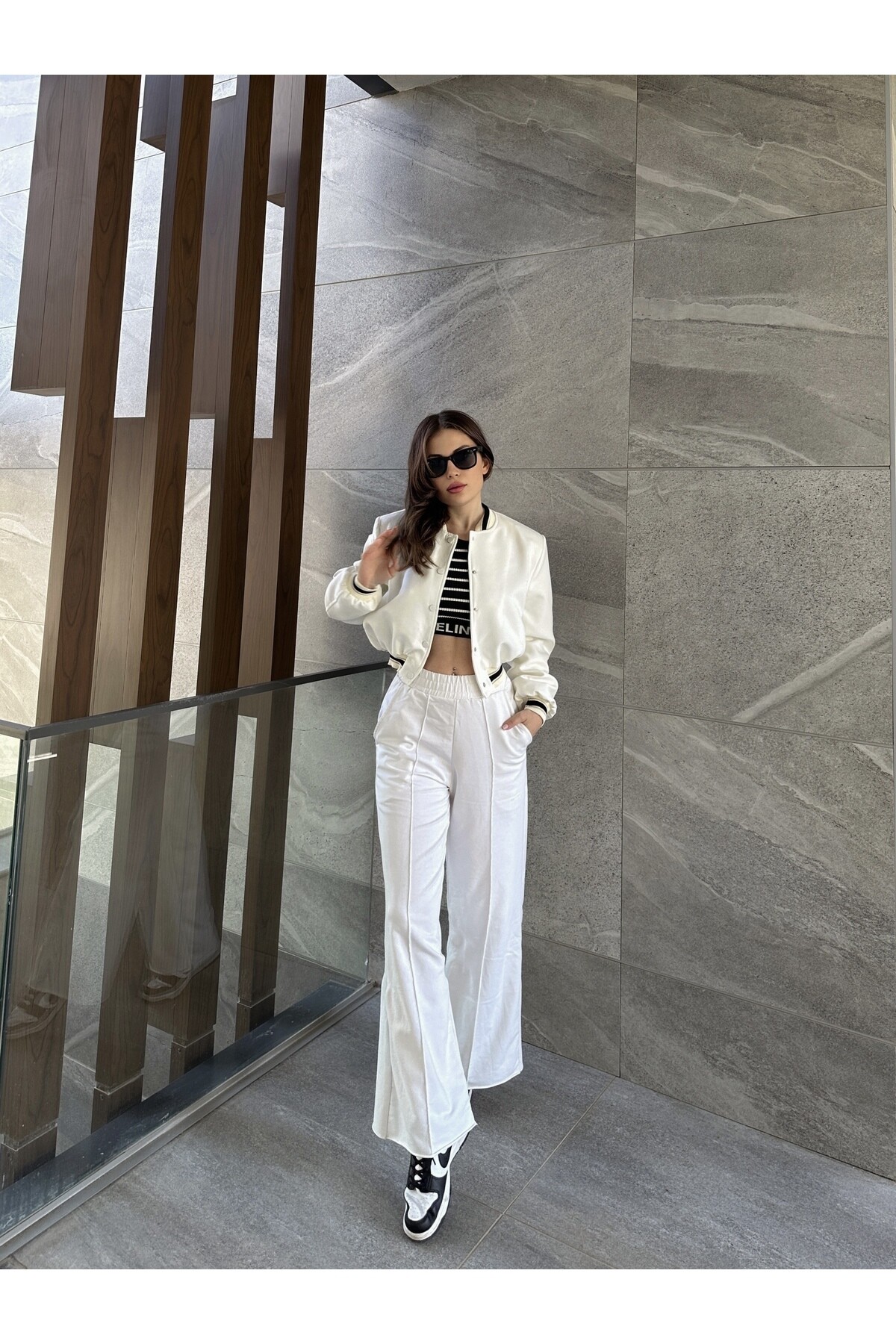 Kadın Krem  Astarlı Beli Lastikli Bomber Mevsimlik Ceket