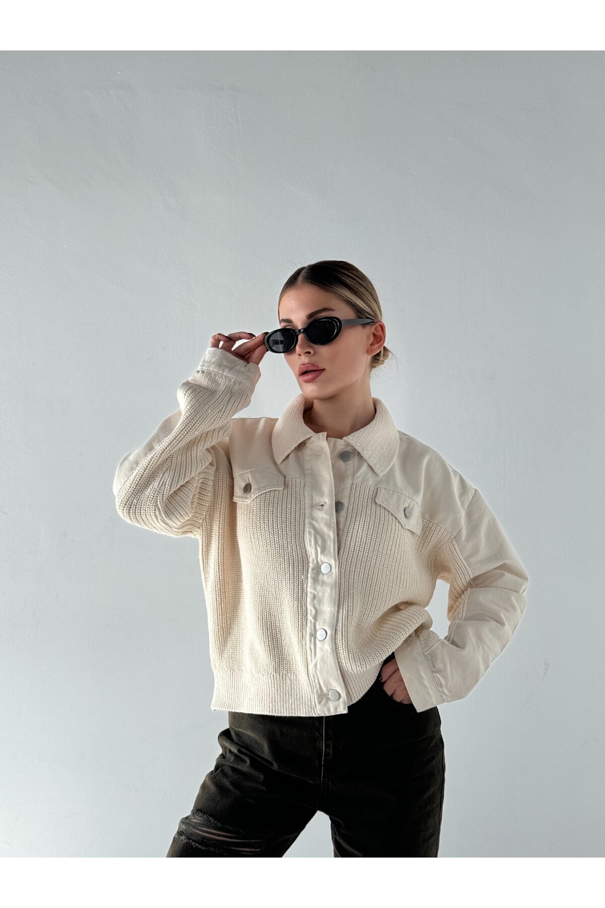 Kadın Krem Orjinal Marka Muadil Denim Örme Düğmeli Ceket Hırka