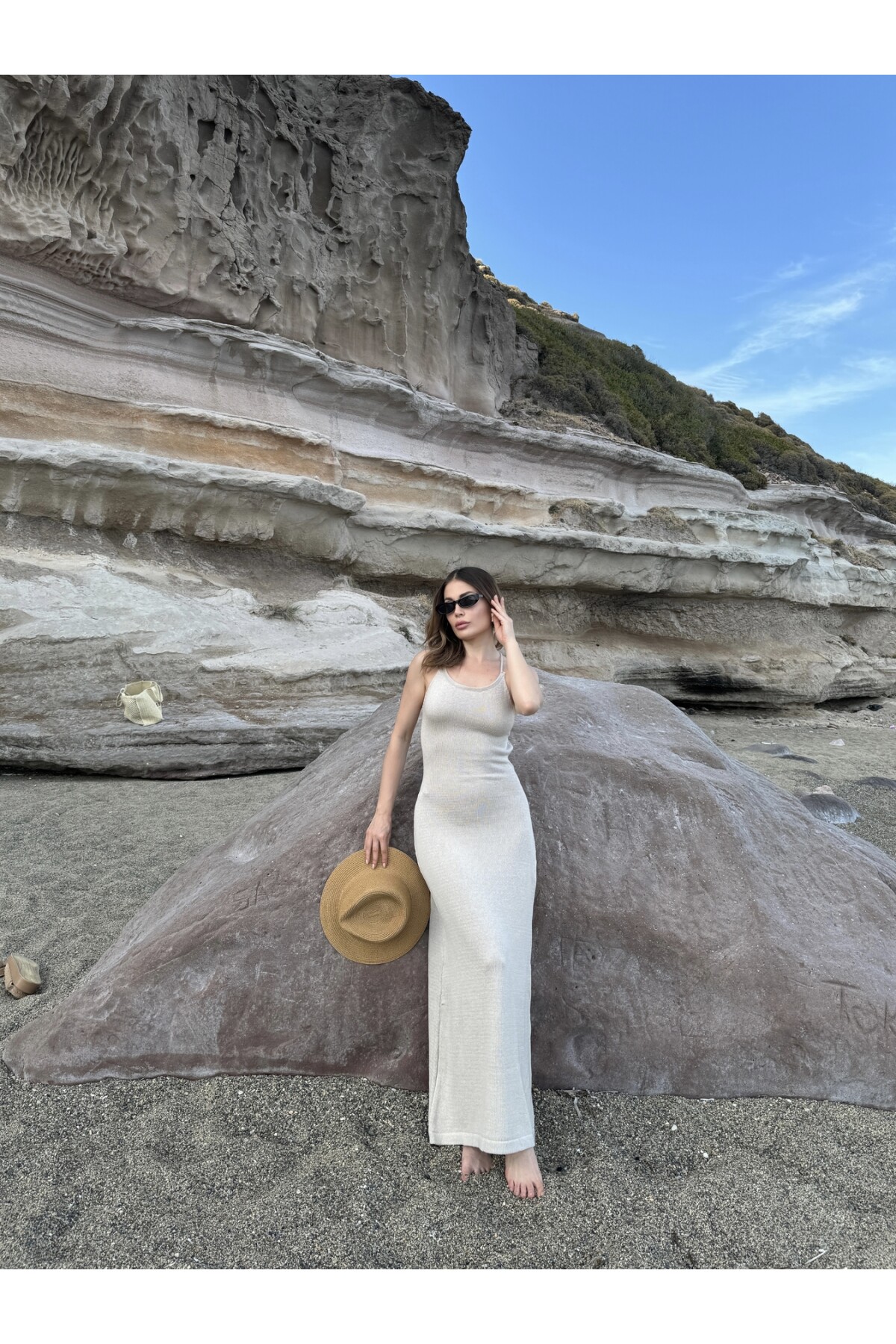 Kadın krem sırt dekolteli triko elbise