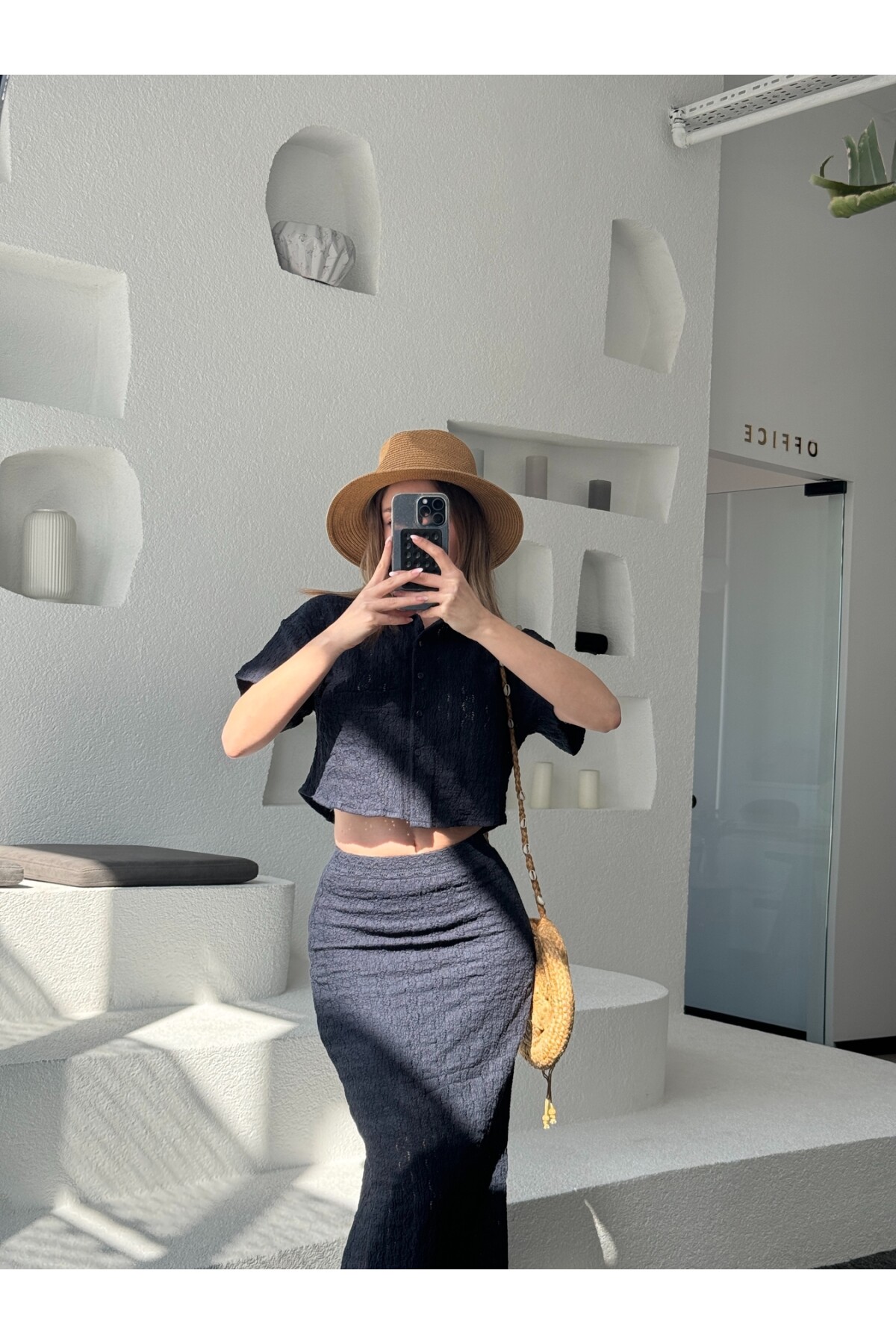 Kadın Lacivert dantel detaylı astarlı etek takım