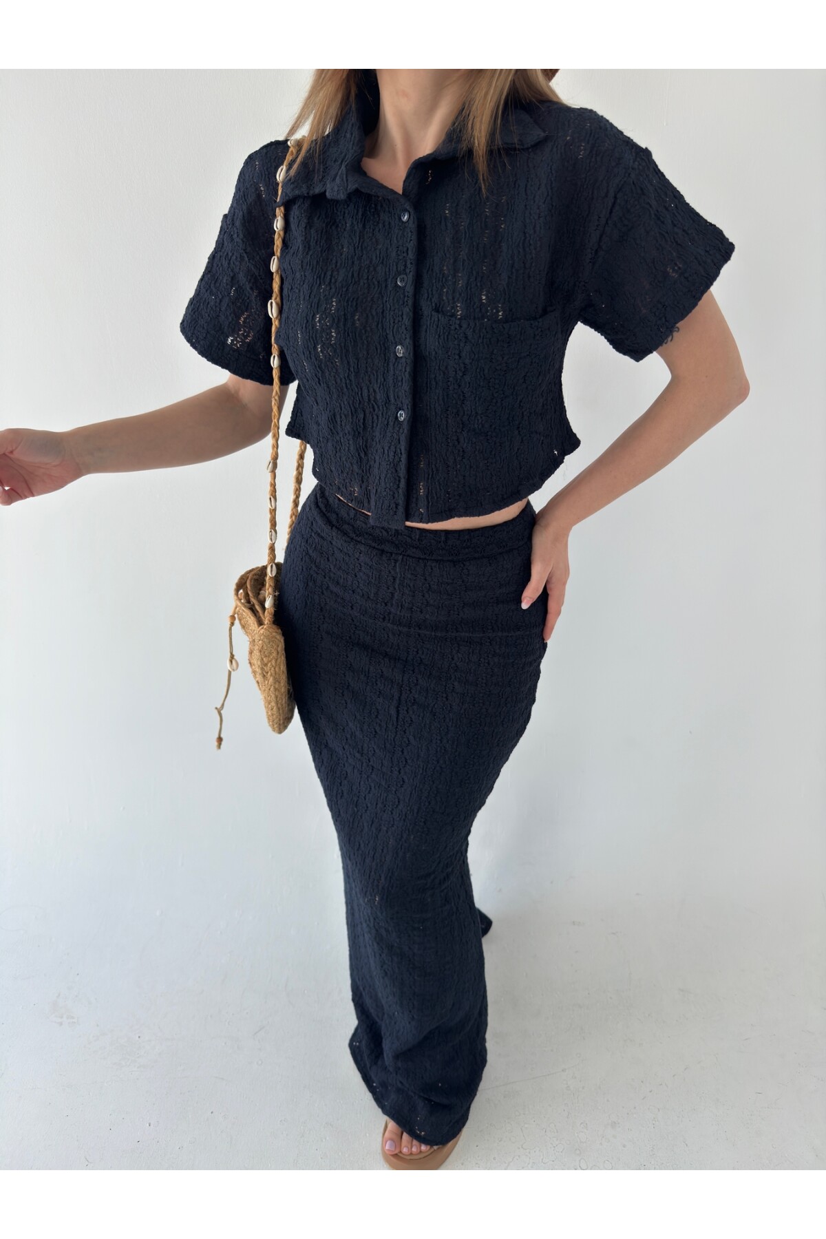 Kadın Lacivert dantel detaylı astarlı etek takım