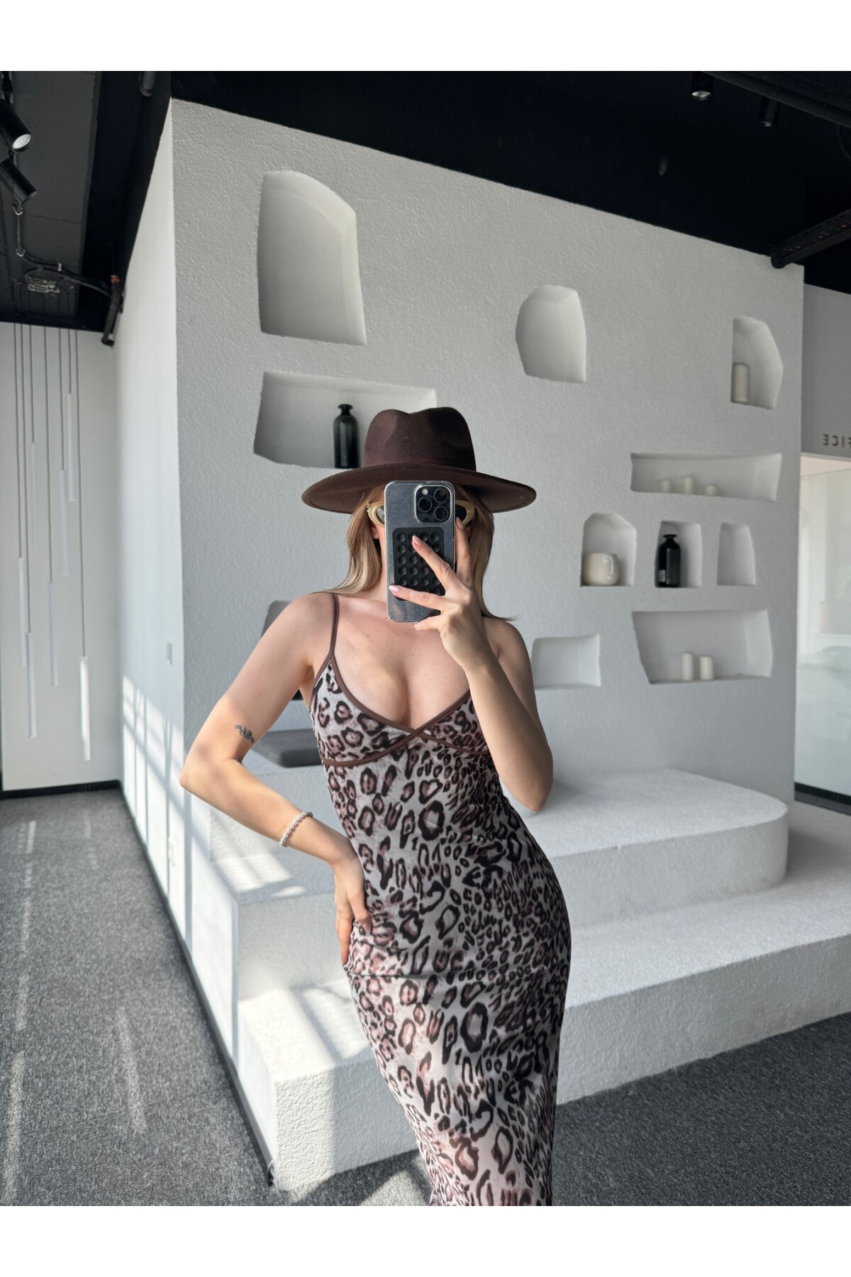 Kadın Leopar Desen Askılı Tül Astarlı Elbise