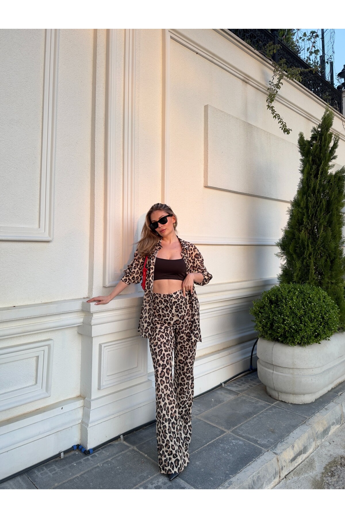 Kadın Leopar Palazzo Pantolon Gömlek Takım