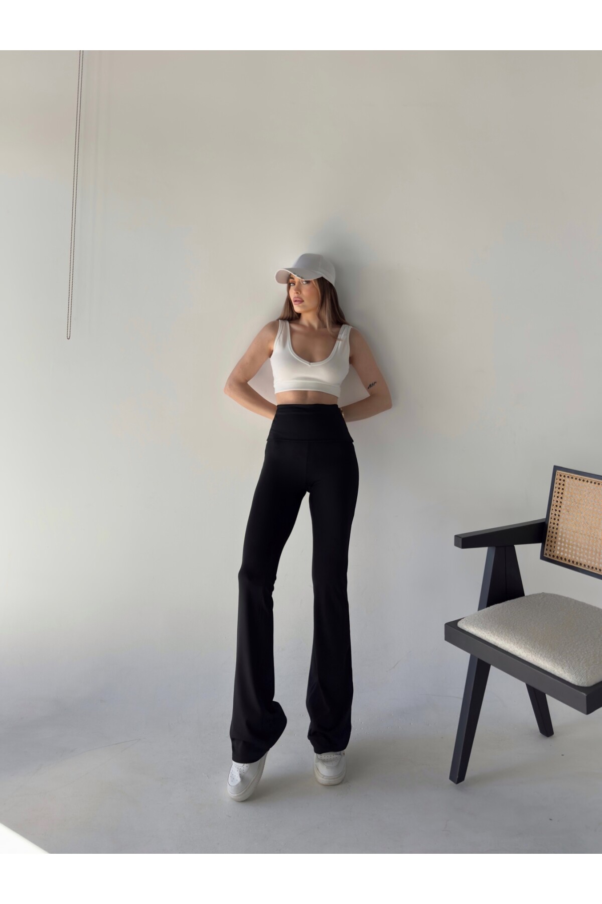 Kadın Madonna Beli Katlamalı  İspanyol Tayt Pantolon Siyah