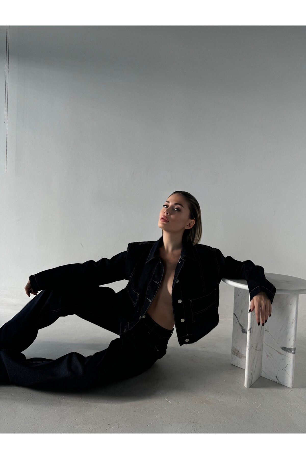 Kadın Marka Model Dikiş Detaylı Denim Alt Üst Takım