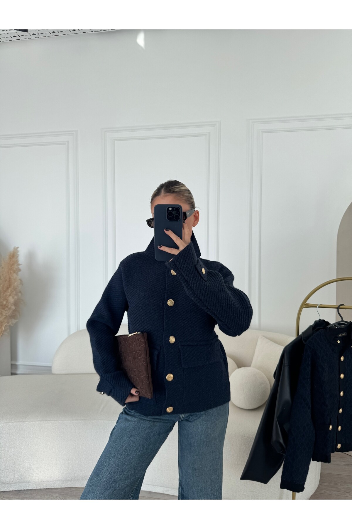 Kadın Marka Model Gold Düğmeli Cepli Polo Yaka Hırka