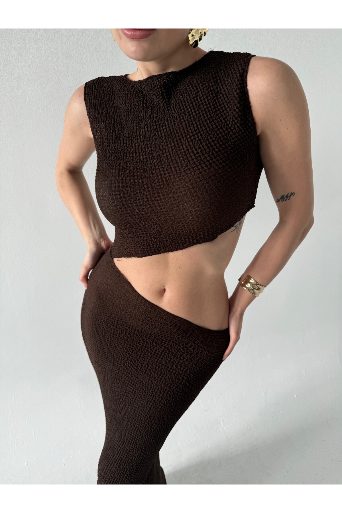 Kadın marka model rustik kumaş detay dekolteli elbise