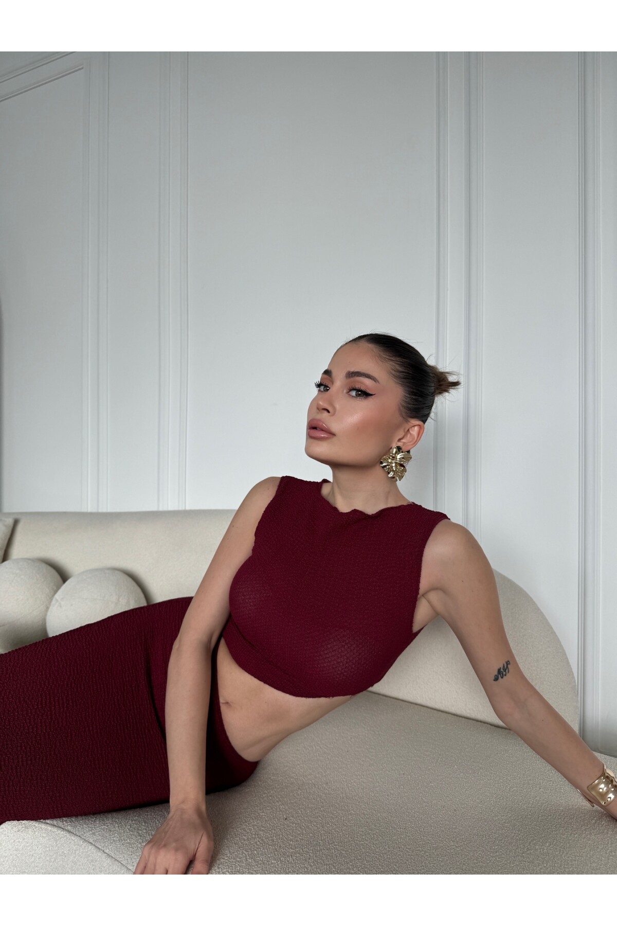 Kadın marka model rustik kumaş detay dekolteli elbise