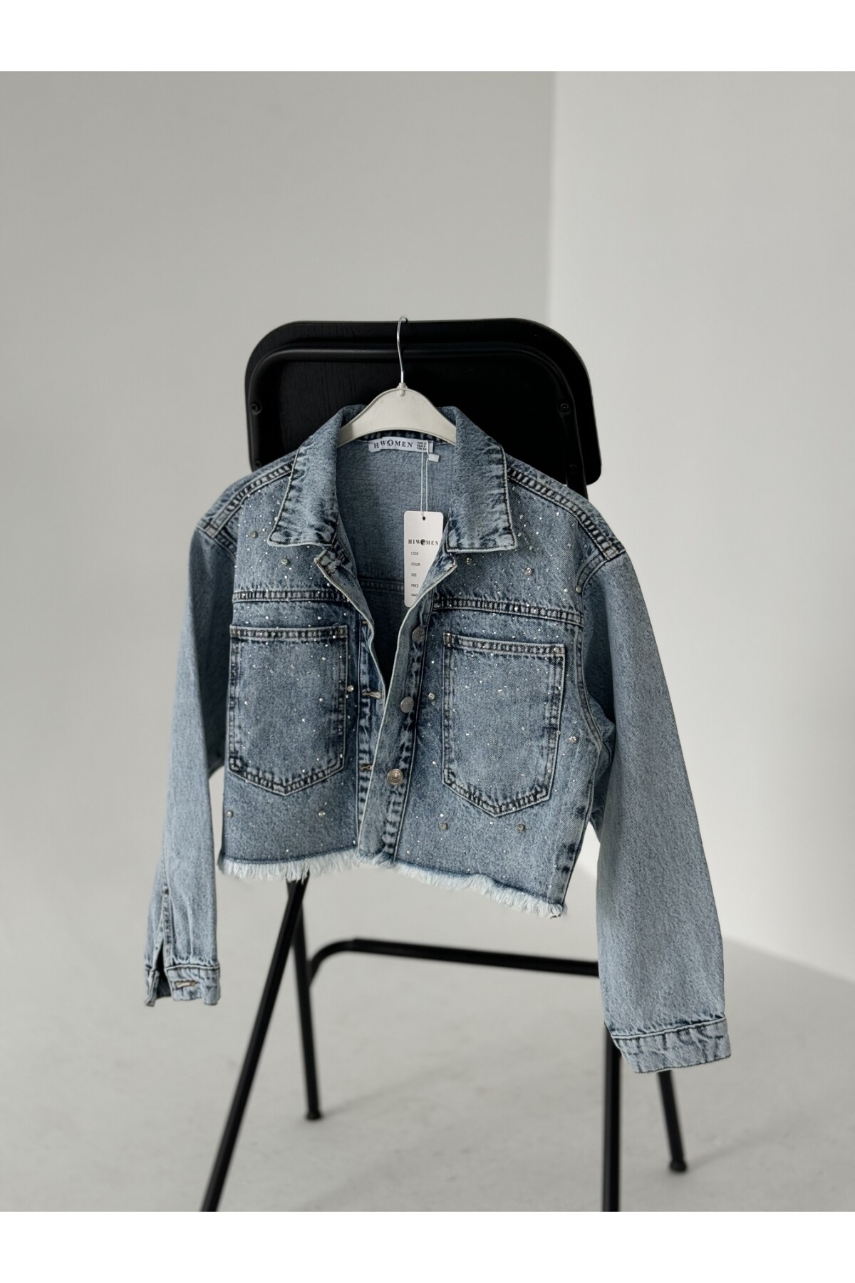 Kadın Marka Model Taş Detaylı Crop Jean Ceket
