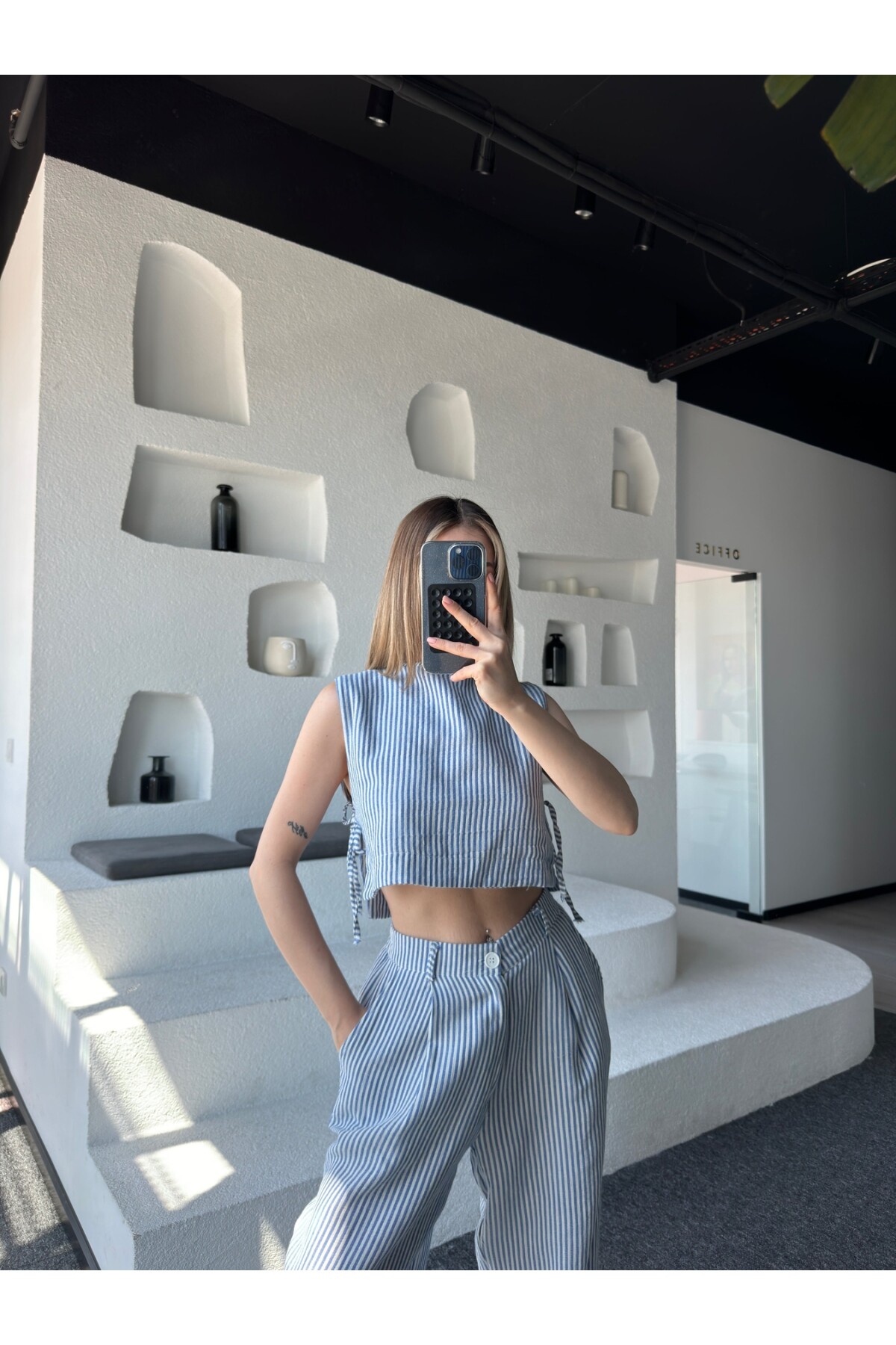 Kadın Mavi Çizgili Yandan Bağcıklı Keten Palazzo Pantolon Takım