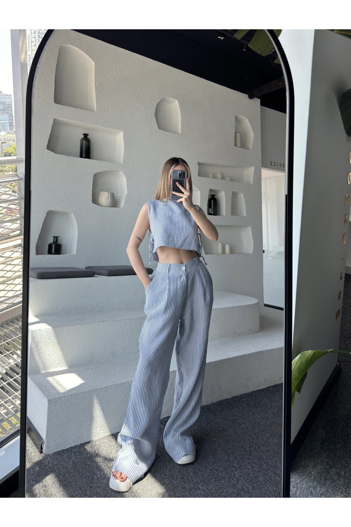 Kadın Mavi Çizgili Yandan Bağcıklı Keten Palazzo Pantolon Takım