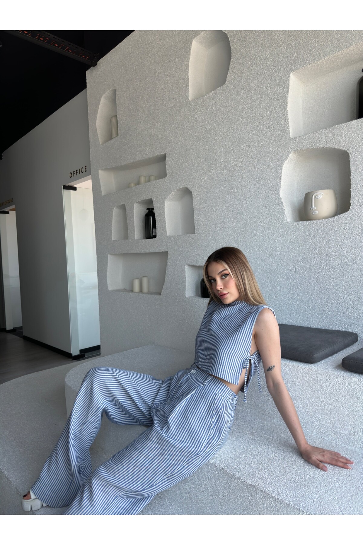 Kadın Mavi Çizgili Yandan Bağcıklı Keten Palazzo Pantolon Takım