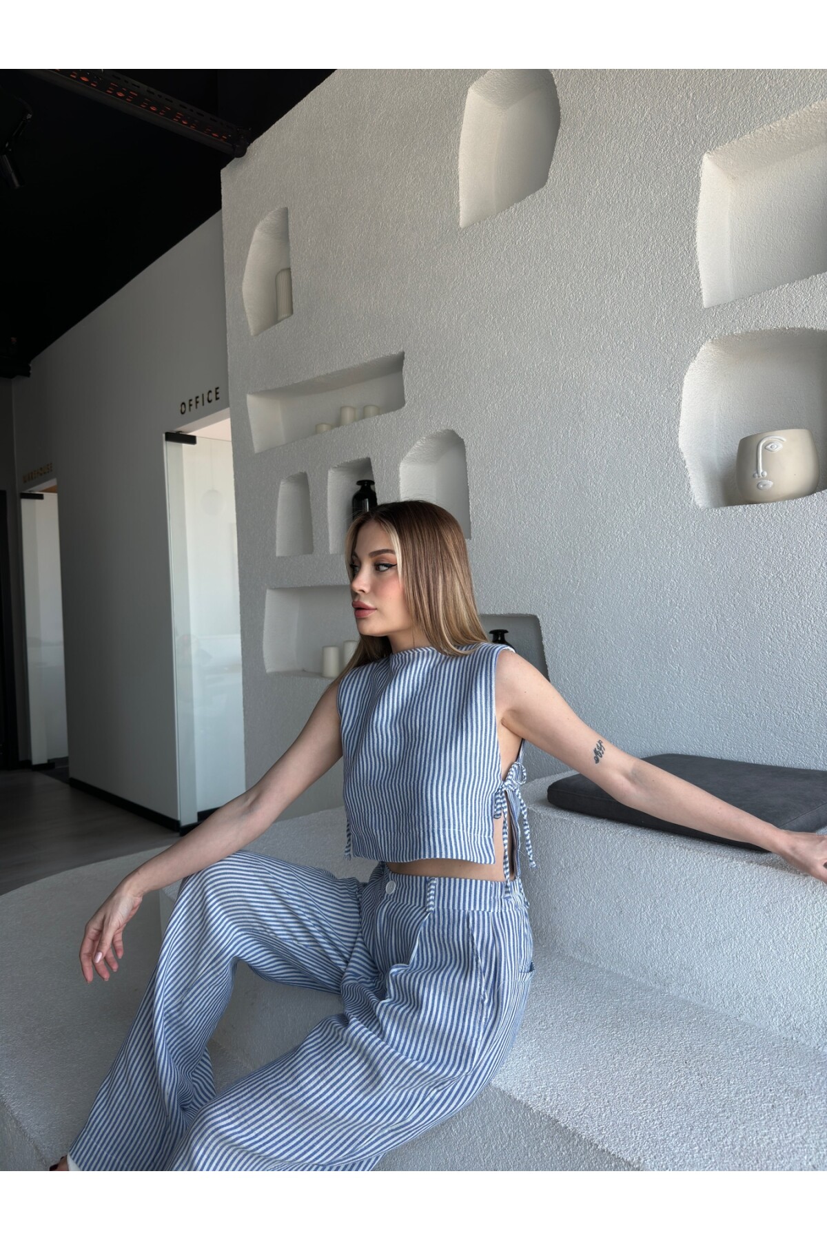 Kadın Mavi Çizgili Yandan Bağcıklı Keten Palazzo Pantolon Takım