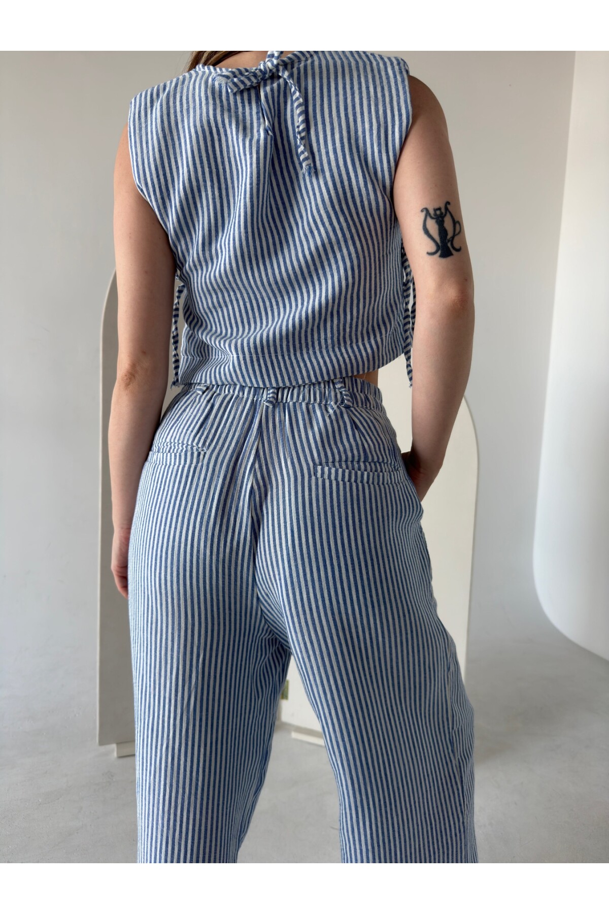 Kadın Mavi Çizgili Yandan Bağcıklı Keten Palazzo Pantolon Takım