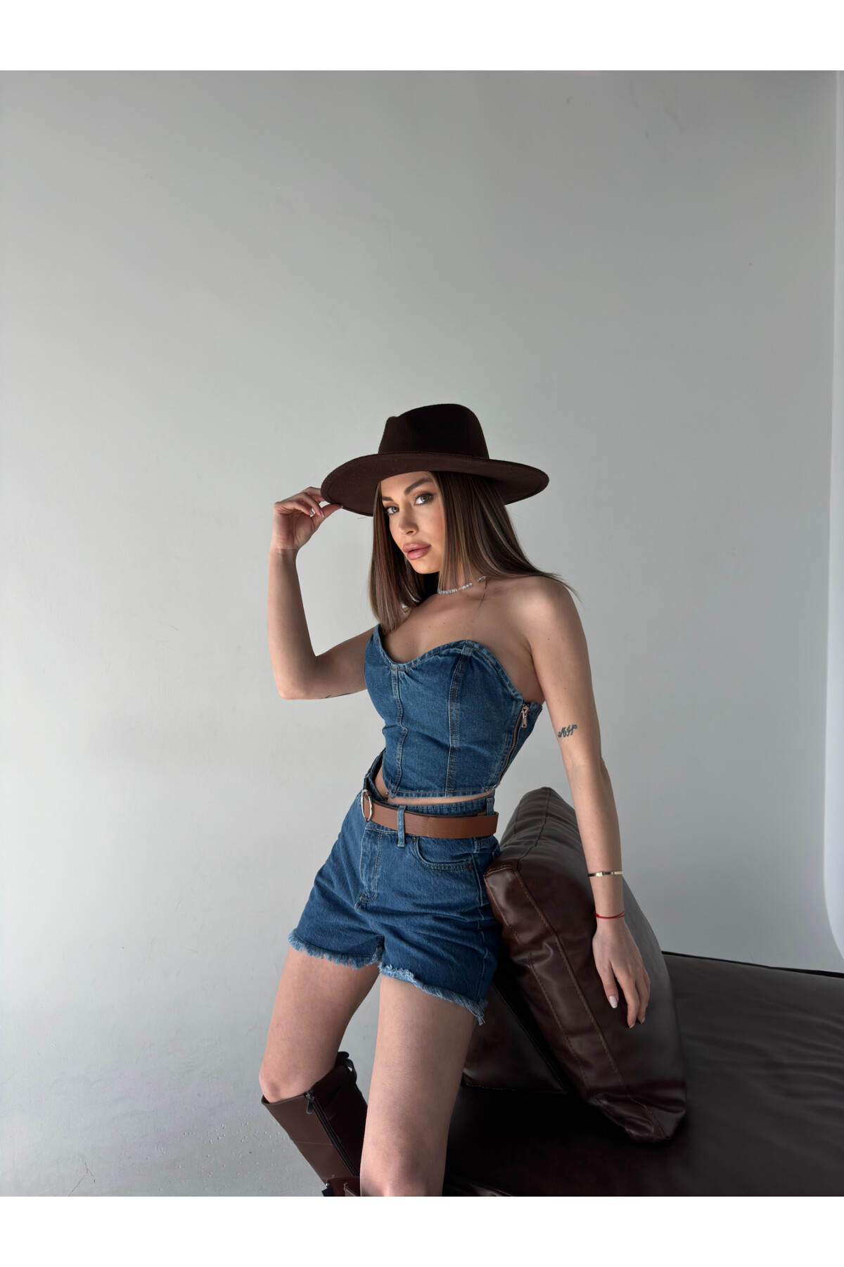 Kadın Mavi Denim Straplez Bluz