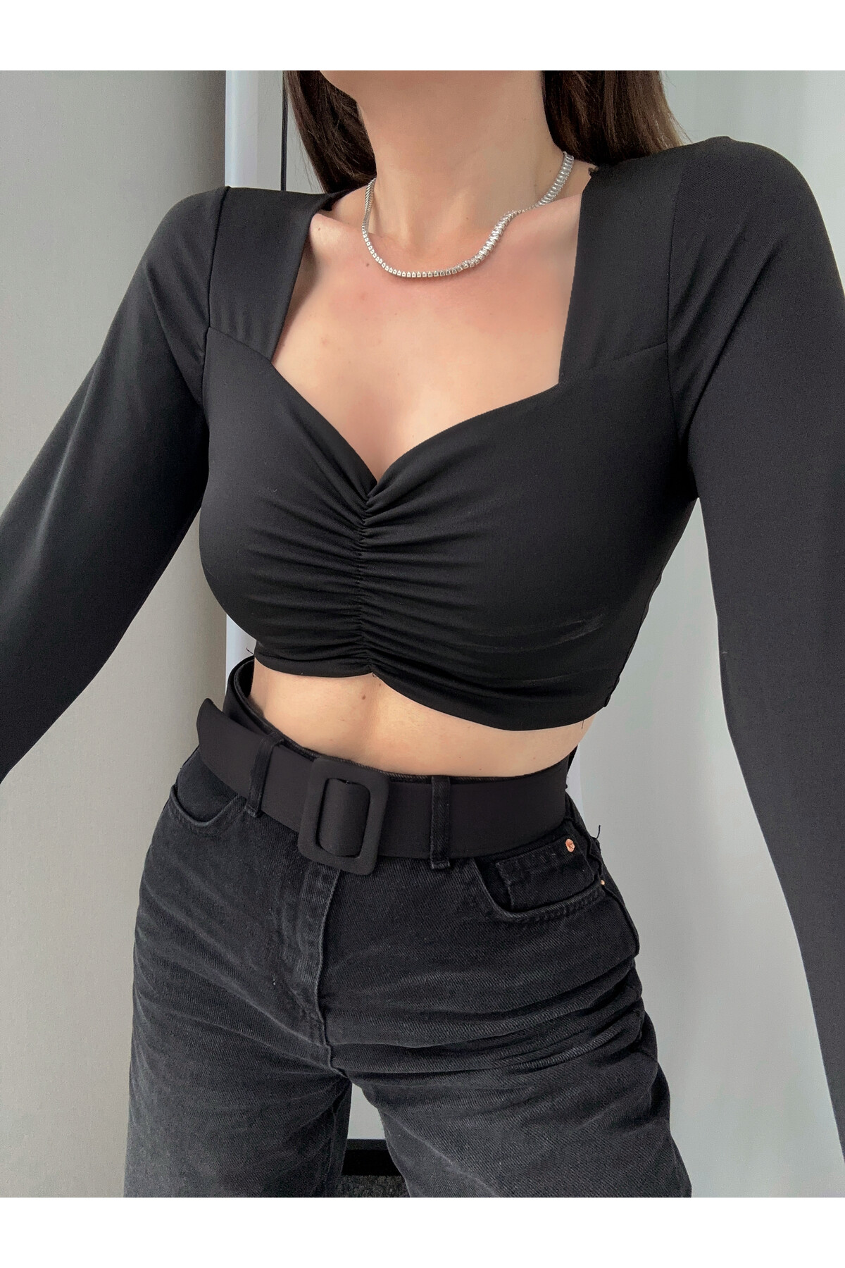 Kadın Önü Büzgülü Crop Bluz  Siyah