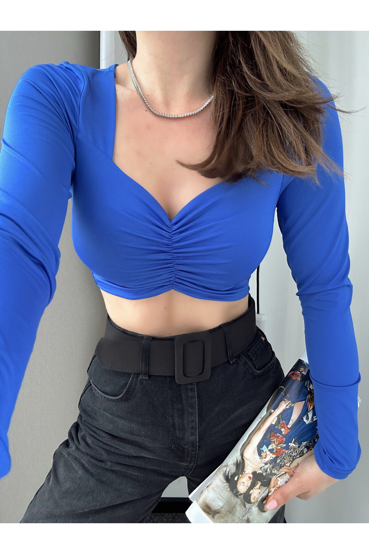 Kadın Önü Büzgülü Crop Bluz  Mavi