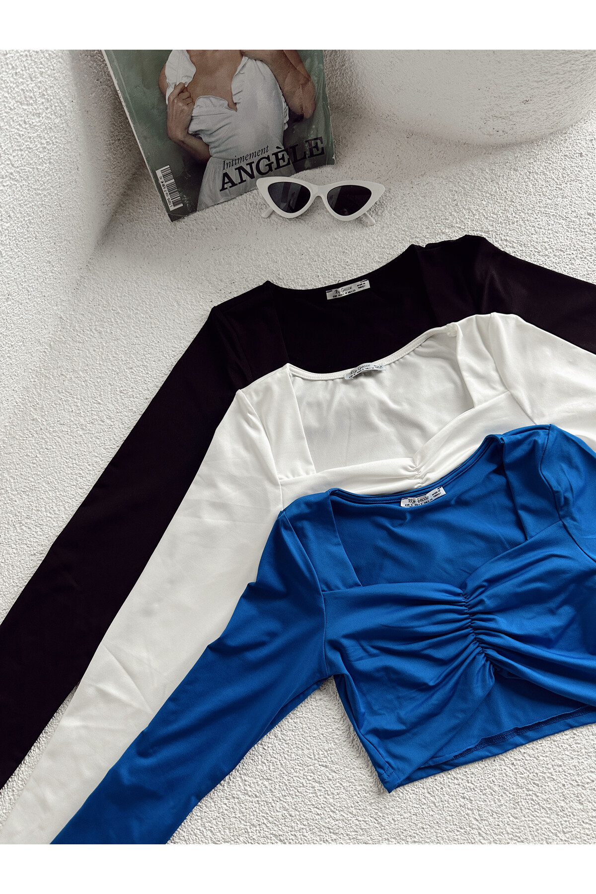 Kadın Önü Büzgülü Crop Bluz  Mavi