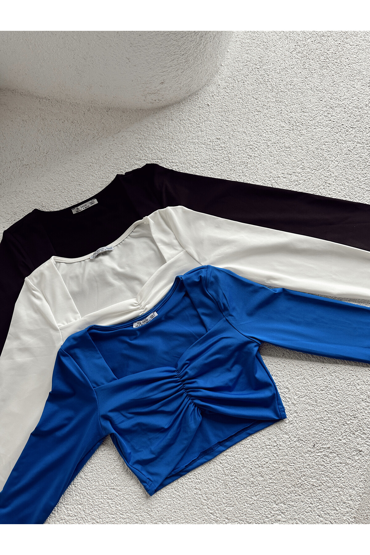 Kadın Önü Büzgülü Crop Bluz  Mavi