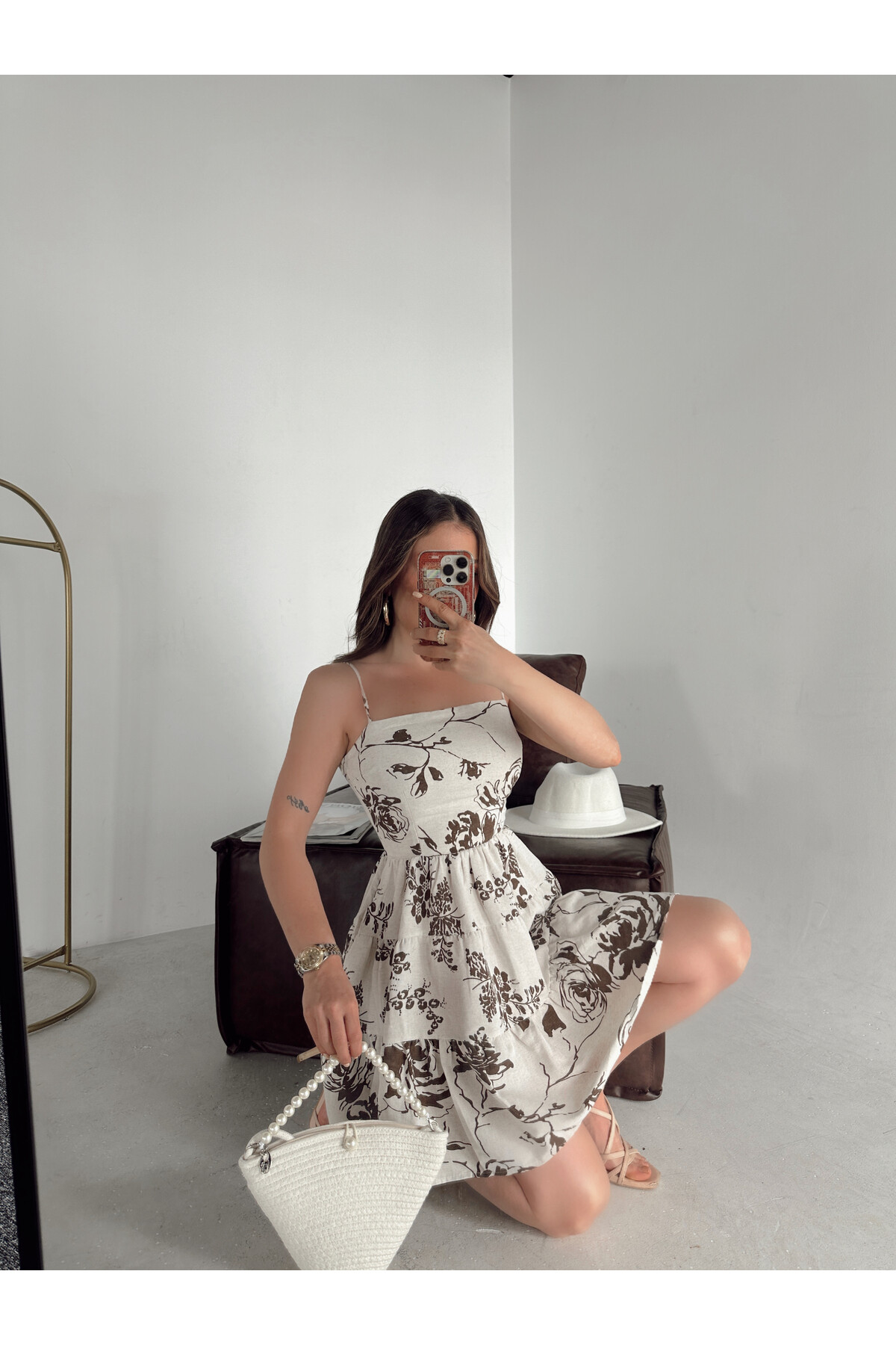 Kadın Orjinal Marka Astarlı Ayarlanabilir Askılı Keten Elbise  Beyaz