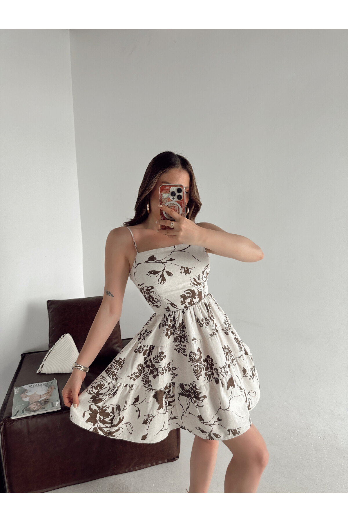 Kadın Orjinal Marka Astarlı Ayarlanabilir Askılı Keten Elbise  Beyaz