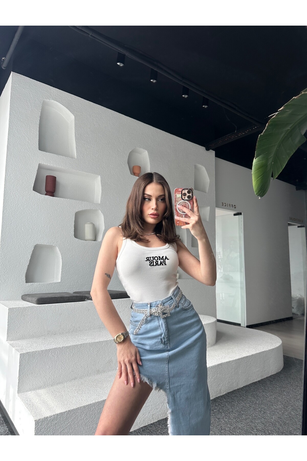 Kadın Orjinal Marka Yandan Yırtmaçlı Denim Etek  Buz Mavi