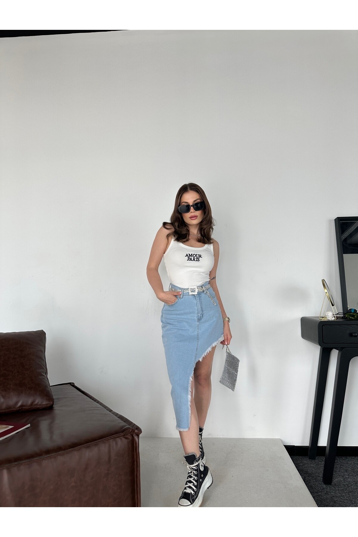 Kadın Orjinal Marka Yandan Yırtmaçlı Denim Etek  Buz Mavi